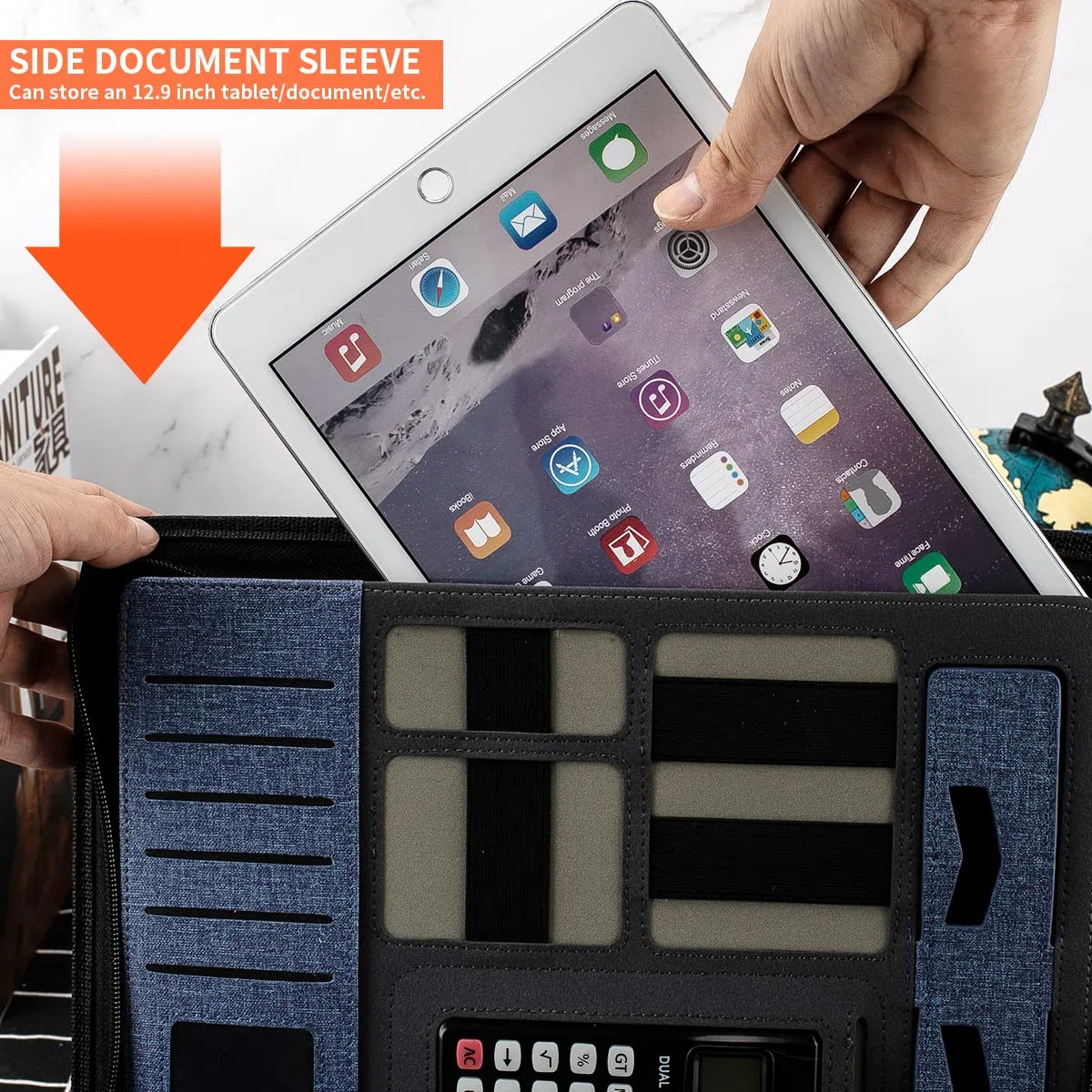 Portfolio in pelle con rimozione di potenza mobile 8000 mAh, organizer per conferenze aziendali per notepad per donne/uomini (con calcolatrice, nero)