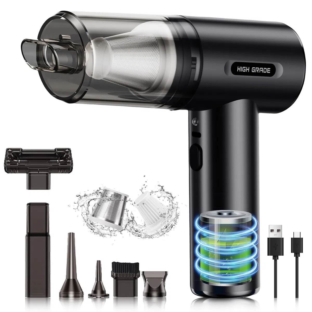 AECHO Aspirapolvere Auto Potente,20000pa 4 in 1 Aspirabriciole Senza Fili,Doppio Filtro,Leggero e Ricaricabile,Aspirapolvere a Mano per PC,Auto,Divano,Animale Domestico,Cucina