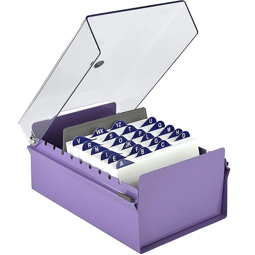 Acrimet Portacarte Organizzatore 4'' x 6’', Base in Metallo Resistente (Indice AZ e un Divisore di Plastica Include) (Base Viola con Coperchio Trasparente in Plastica)