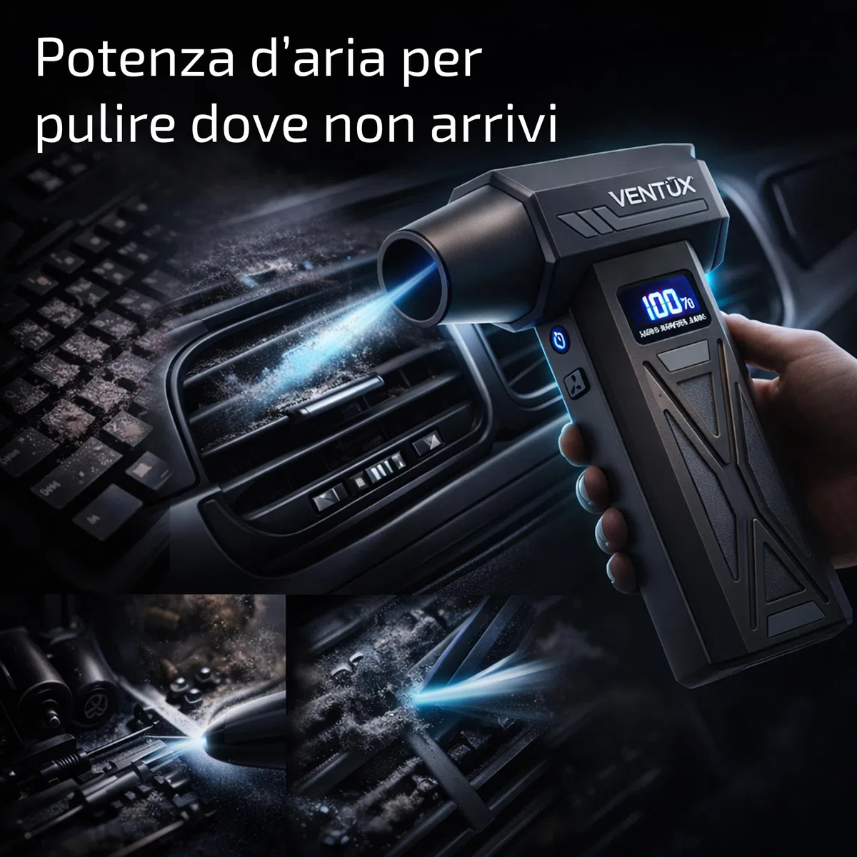 Soffiatore d’Aria Portatile a Batteria AeroBoost P70 – 110W | 4 Velocità, Display LCD, LED, 2000mAh | Mini Air Blower per Polvere, Tastiere, Auto, PC – Ventux Gear