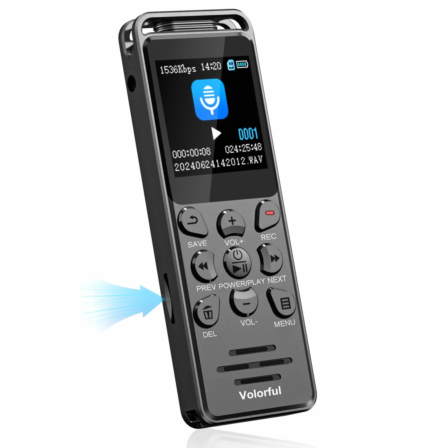 16GB Registratore Vocale Professionale, Volorful 70 Ore Registratore Audio con 1,44" Schermo Colori, Attivazione Vocale, Lettore MP3, USB-C Registratori Vocali Digitale Portatile per Lezioni Riunioni