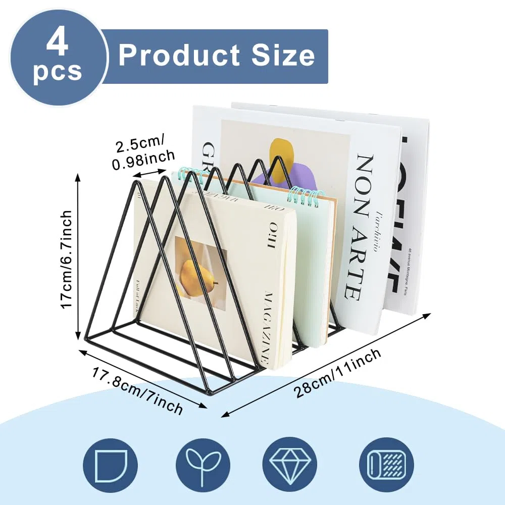 4 pezzi porta documenti triangolari, porta riviste a 9 scomparti, supporto metallico per dischi in vinile, organizer da scrivania per documenti e riviste per ufficio e casa, porta lettere e libri