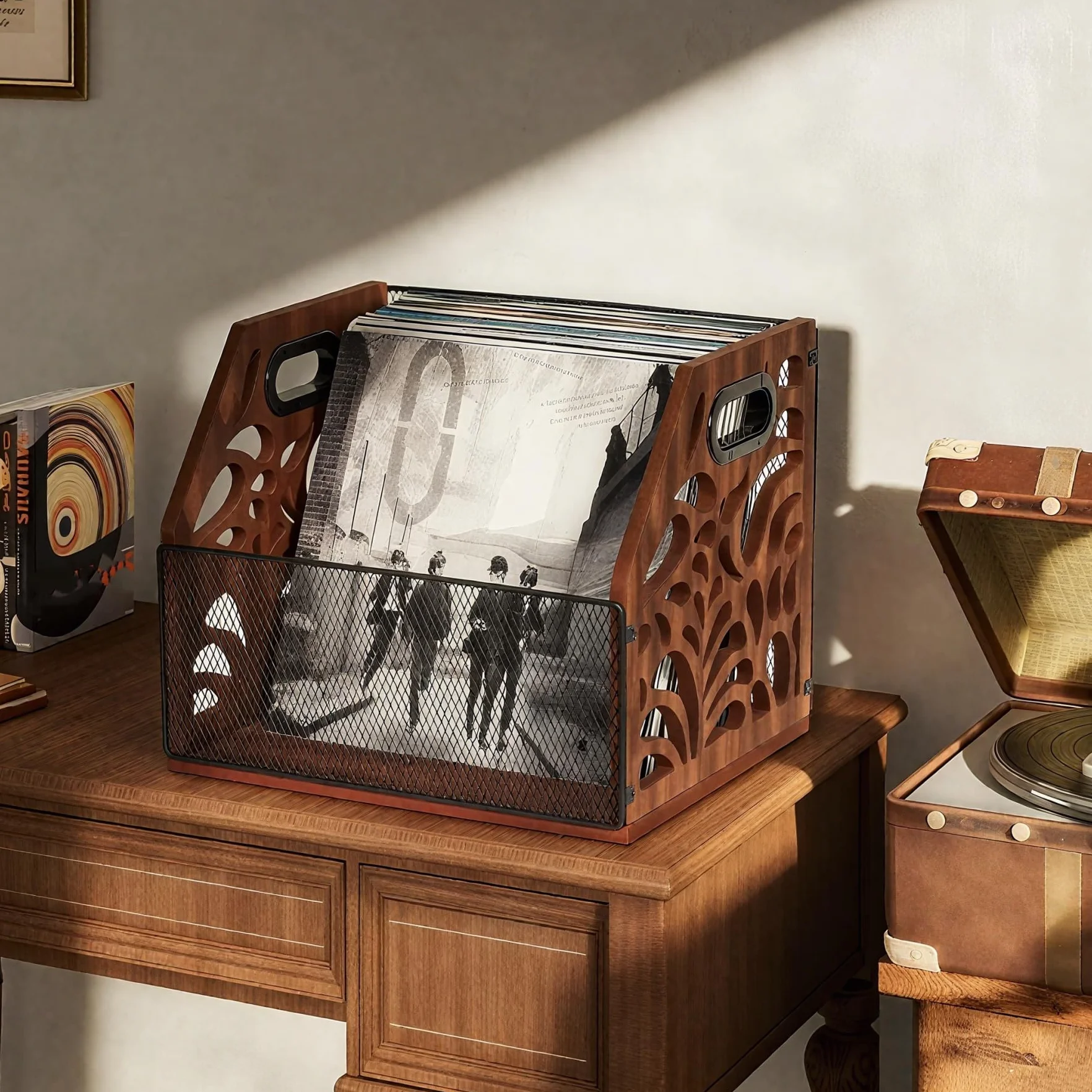 Supporto per dischi in vinile, vintage, in legno, per 70 LP, anche per album, riviste, libri, documenti, giornali