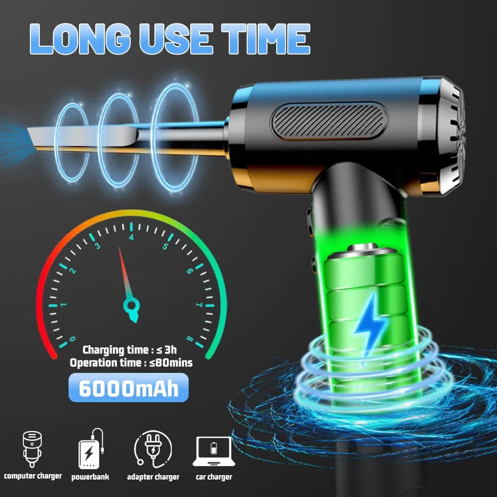 Elettrico Rimuovi Polvere, Soffiatore ad Aria Compressa 50000RPM e 6000mAh, 3 Velocità Aria Compressa Senza Fili con Luce LED e 5 Ugelli, Per Tastiera PC Auto Divano