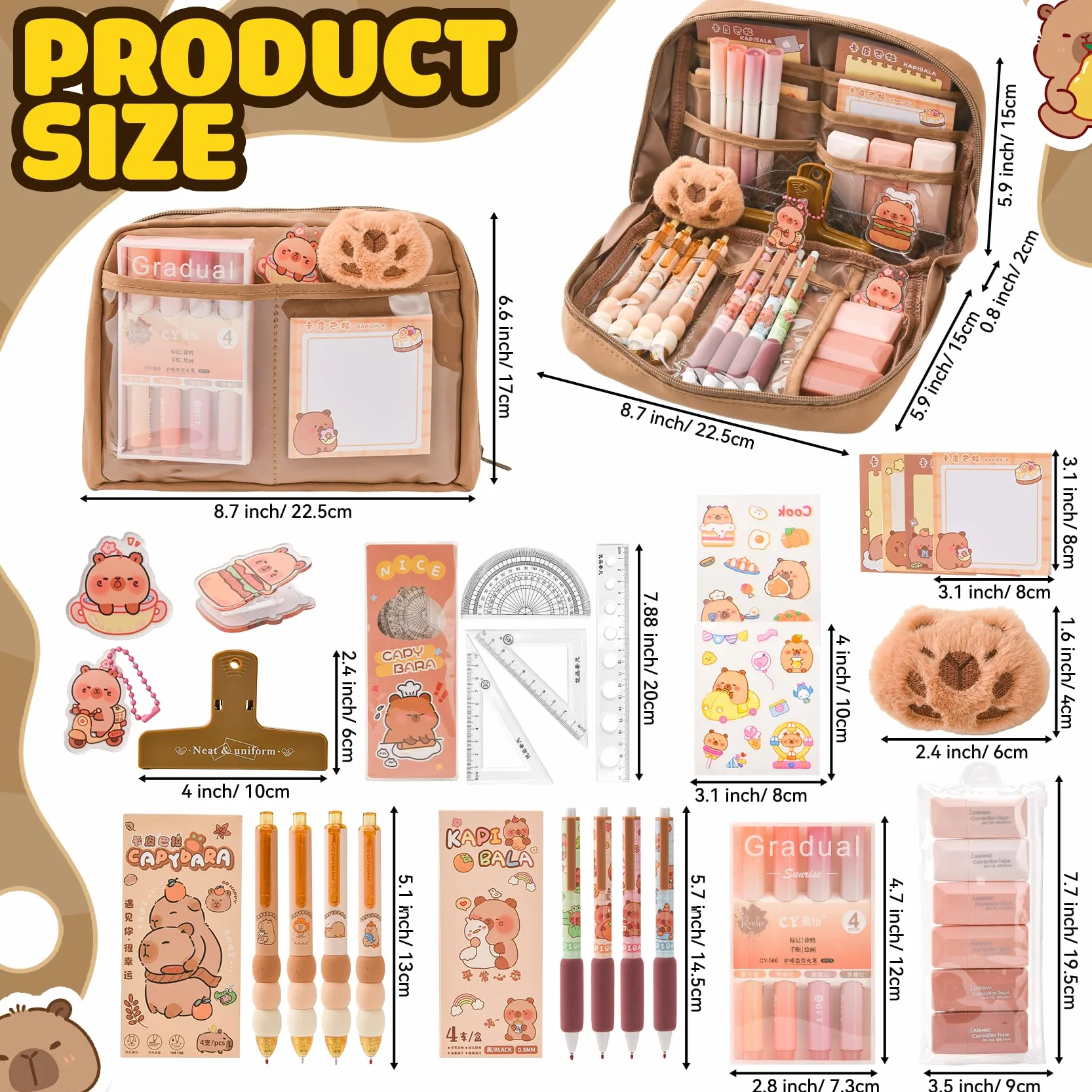 Capybara - Kit Scuola Capibara – Set Regalo Carino per Bambini & Studenti, Include Penne, Clip, Righelli – Organizzato per Scuola, Ufficio, Arte