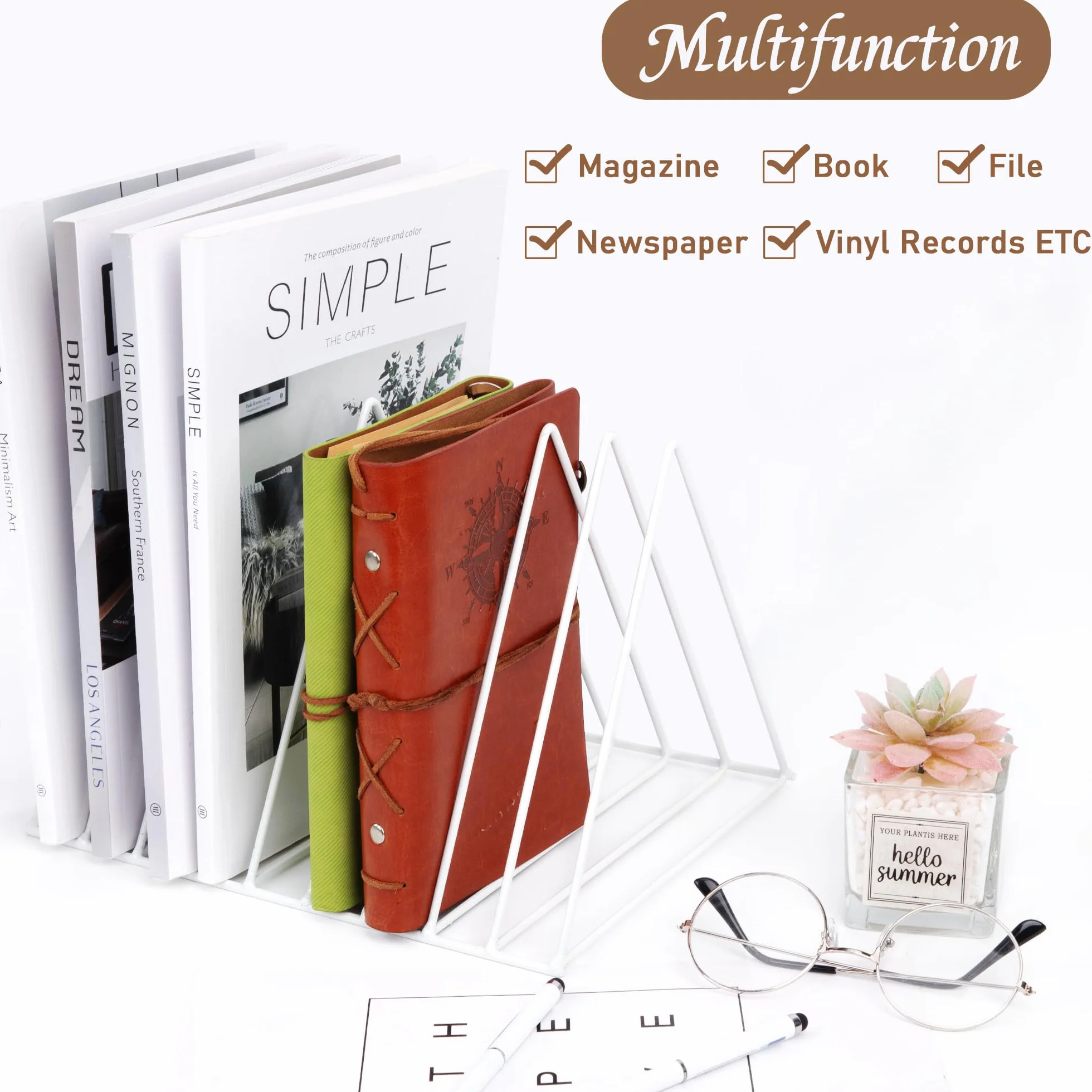 Portariviste Metallo, Porta Giornali, Scrivania Scaffale per Libri Triangolo File Organizer Supporto Rack Decor per Scaffali, Ufficio, Scuola, Biblioteca, Casa, Scuola (Bianco)