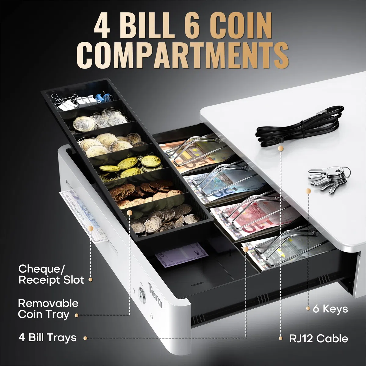Tera Cassetto Cassa Registratore Monete: 33,5×33×10,4 cm 4 Scomparti Banconote 6 Monete 1 Scomparto Media con Inserto Rimovibile RJ12 Chiavi per POS Negozi Aziende Modello 330R Bianco