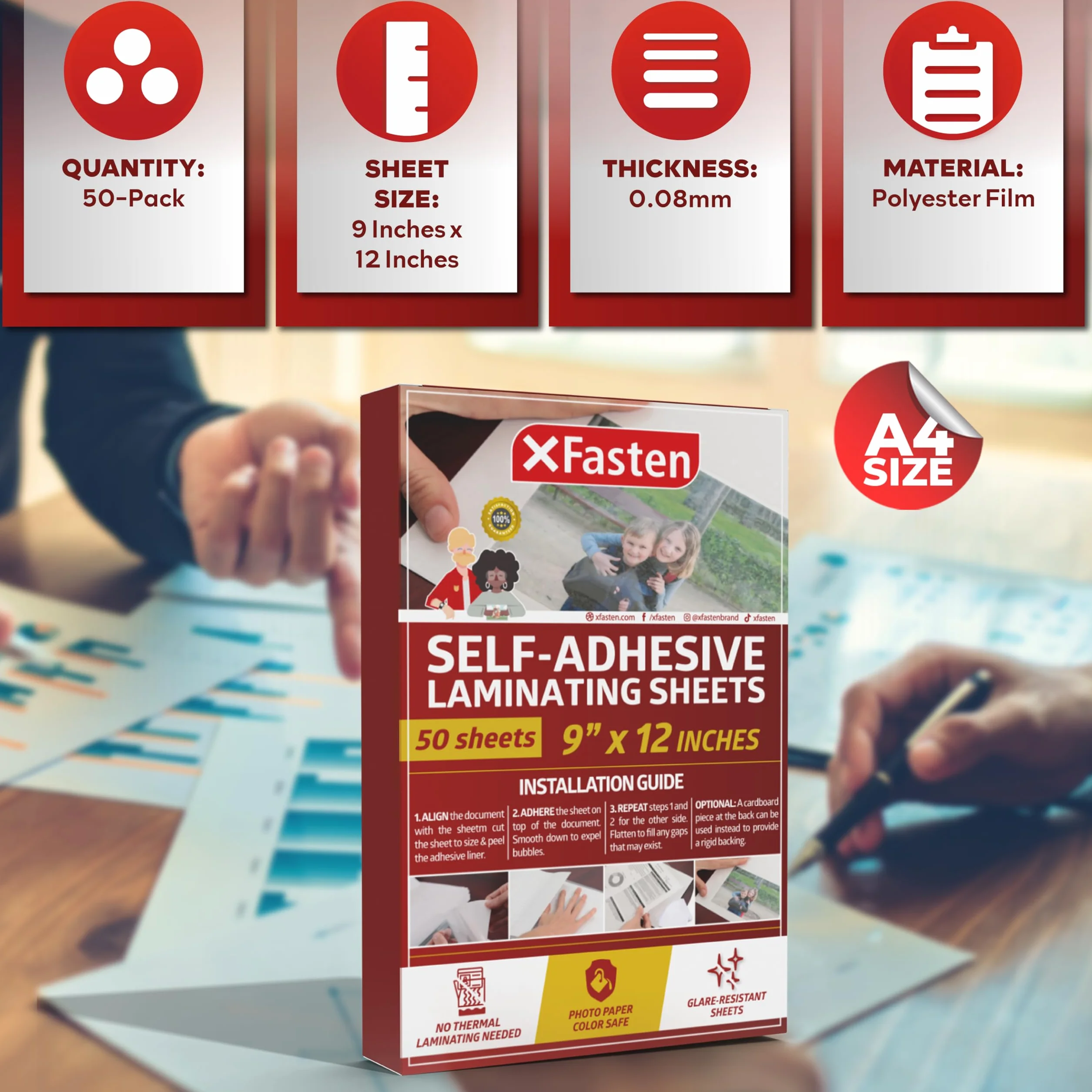Fogli di laminazione autoadesivi XFasten, 9 x 12 pollici (confezione da 50), spessore 4,76
