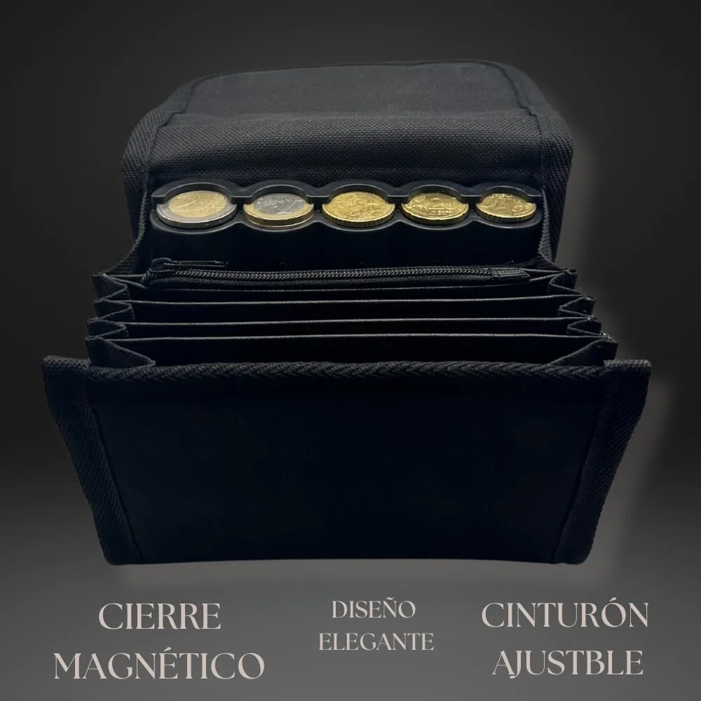 Marsupio compatto professionale con dispenser di monete, portamonete incluso, design leggero per camerieri, tassisti. Chiusura magnetica