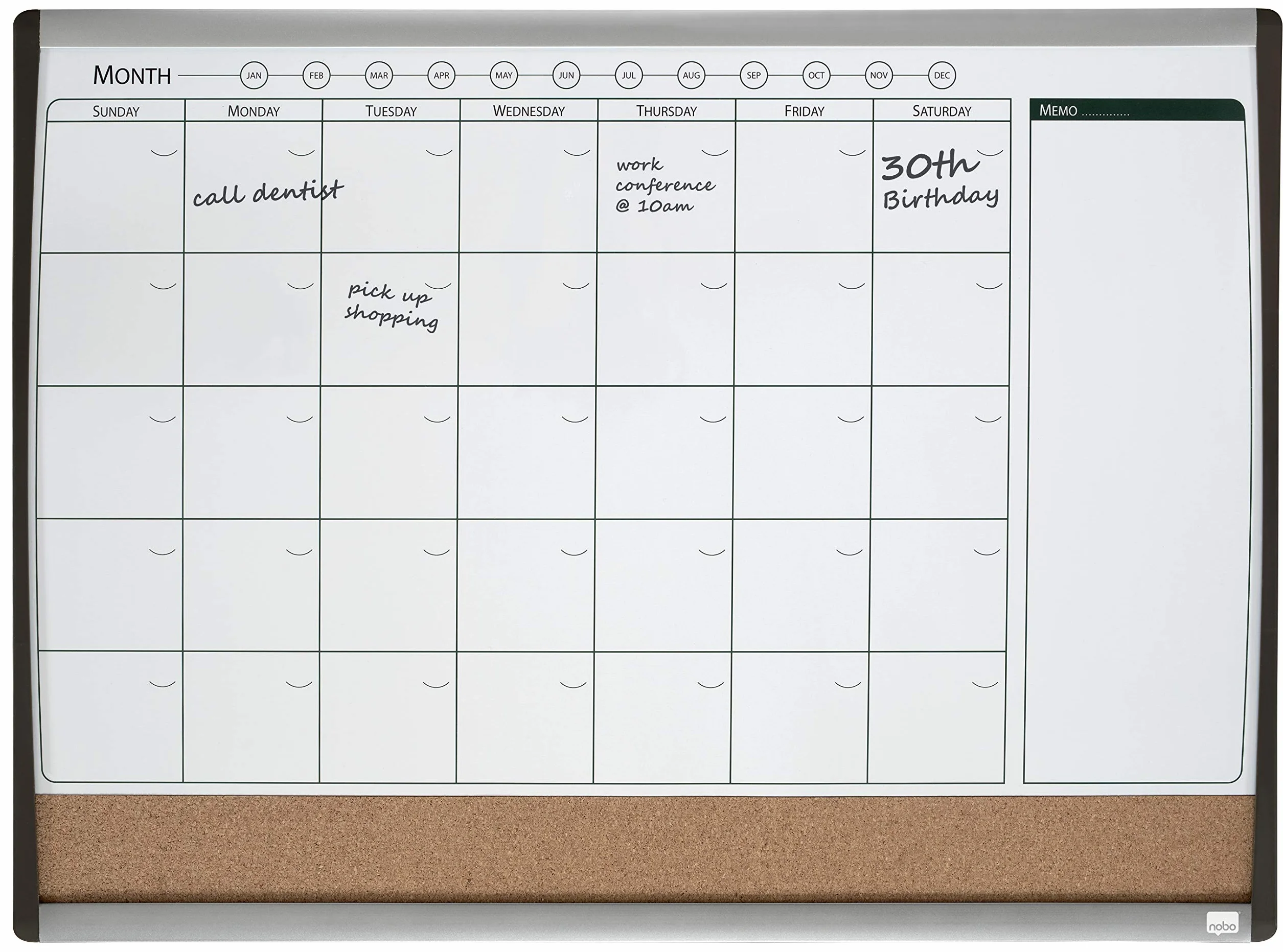Nobo Piccola Agenda Settimanale e Mensile / Lavagna Magnetica con Bacheca in Sughero e Cornice ad Arco, Montabile a Parete, per Casa / Ufficio, 585 mm x 430 mm