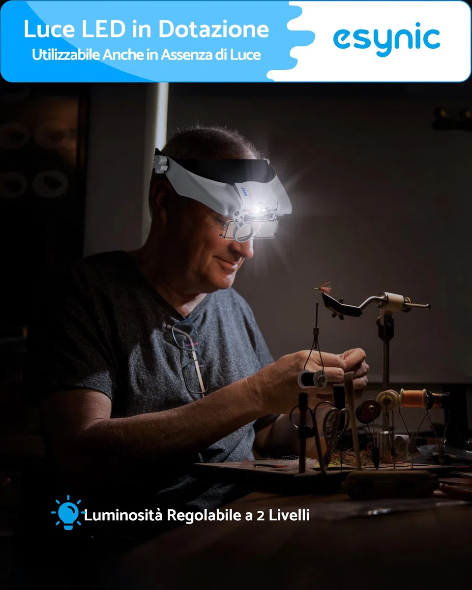 eSynic Lente di Ingrandimento Frontale con Luce 2 LED Lente d'Ingrandimento a Testa Ricaricabile con 5 Lenti 1.5-3.5X Fino a 13X Luminosità Regolabile per Ricamo Lettura Riparazione Gioielli