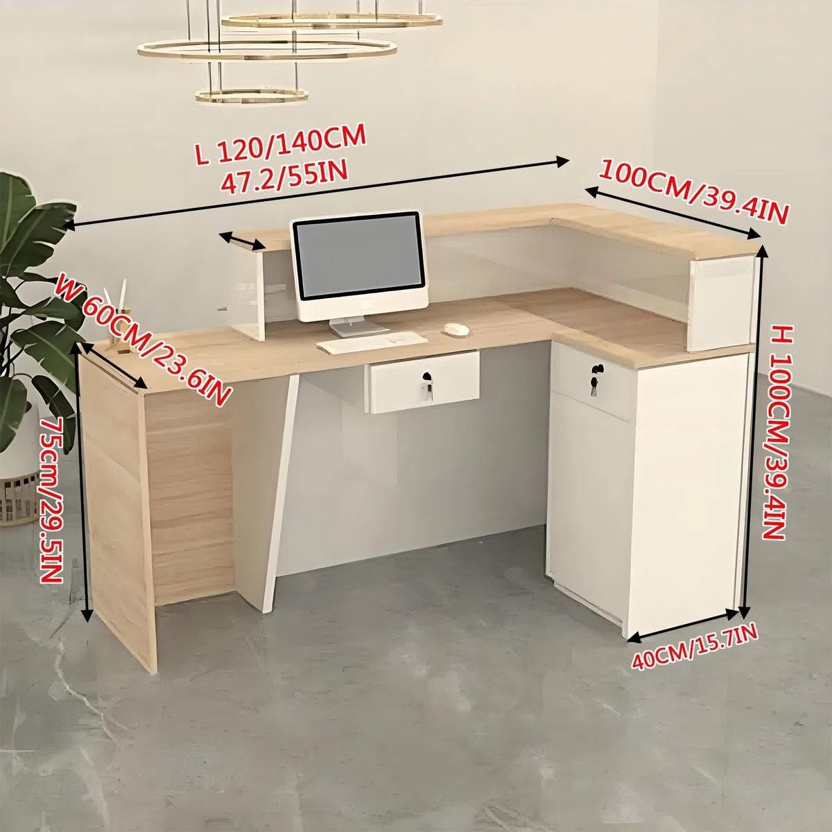 Bancone Cassa for Negozio,bancone Reception Estetista,Bancone Vendita,Tavolo con Cassetto e Piccolo Armadietto,per Negozi di Abbigliamento(White,LEFT-140CM/55IN)