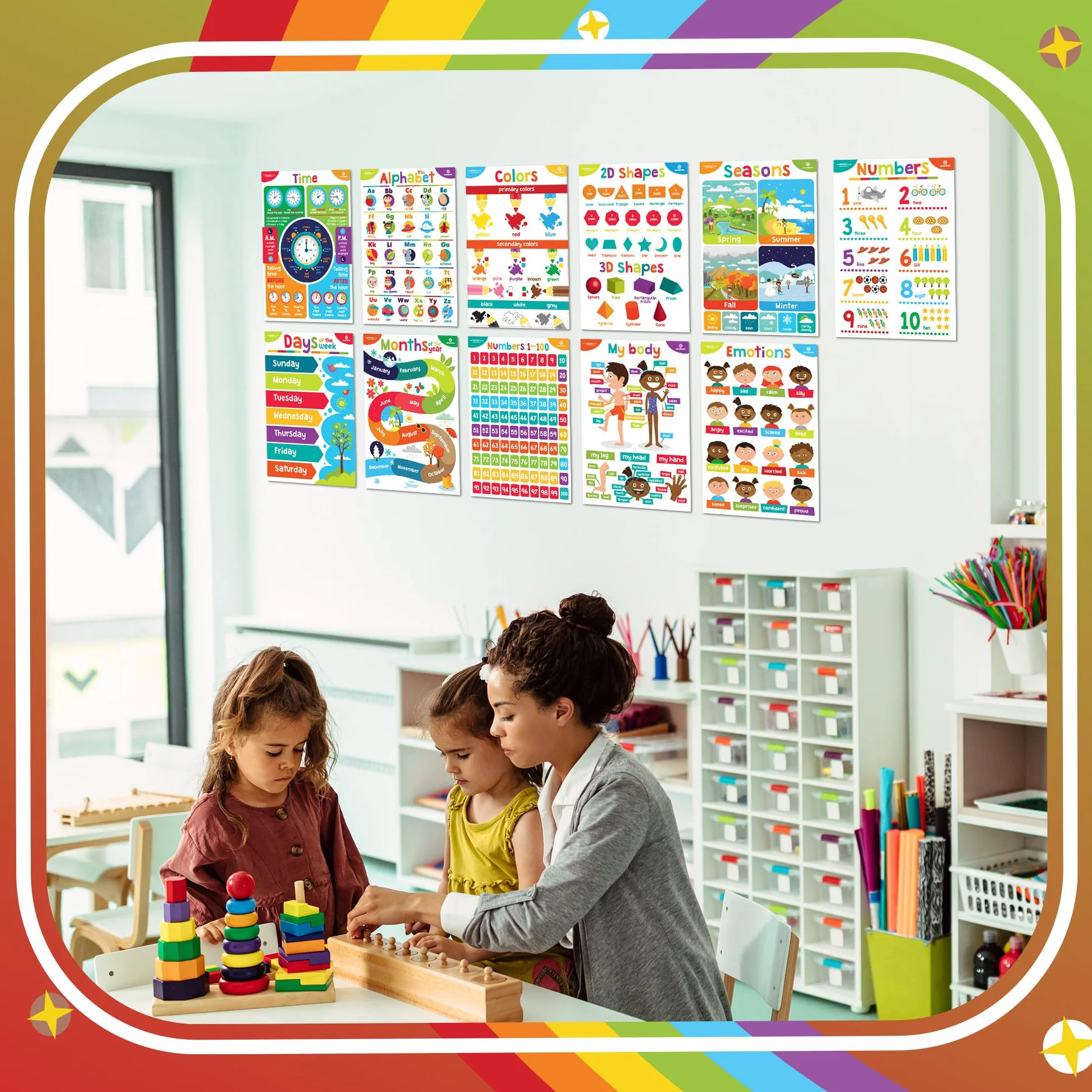 Sproutbrite Poster educativi per bambini – Decorazioni per aule – Materiali per la scuola materna – Decorazione per l'apprendimento prescolare – Poster ABC – 11 grafici per l'apprendimento a distanza