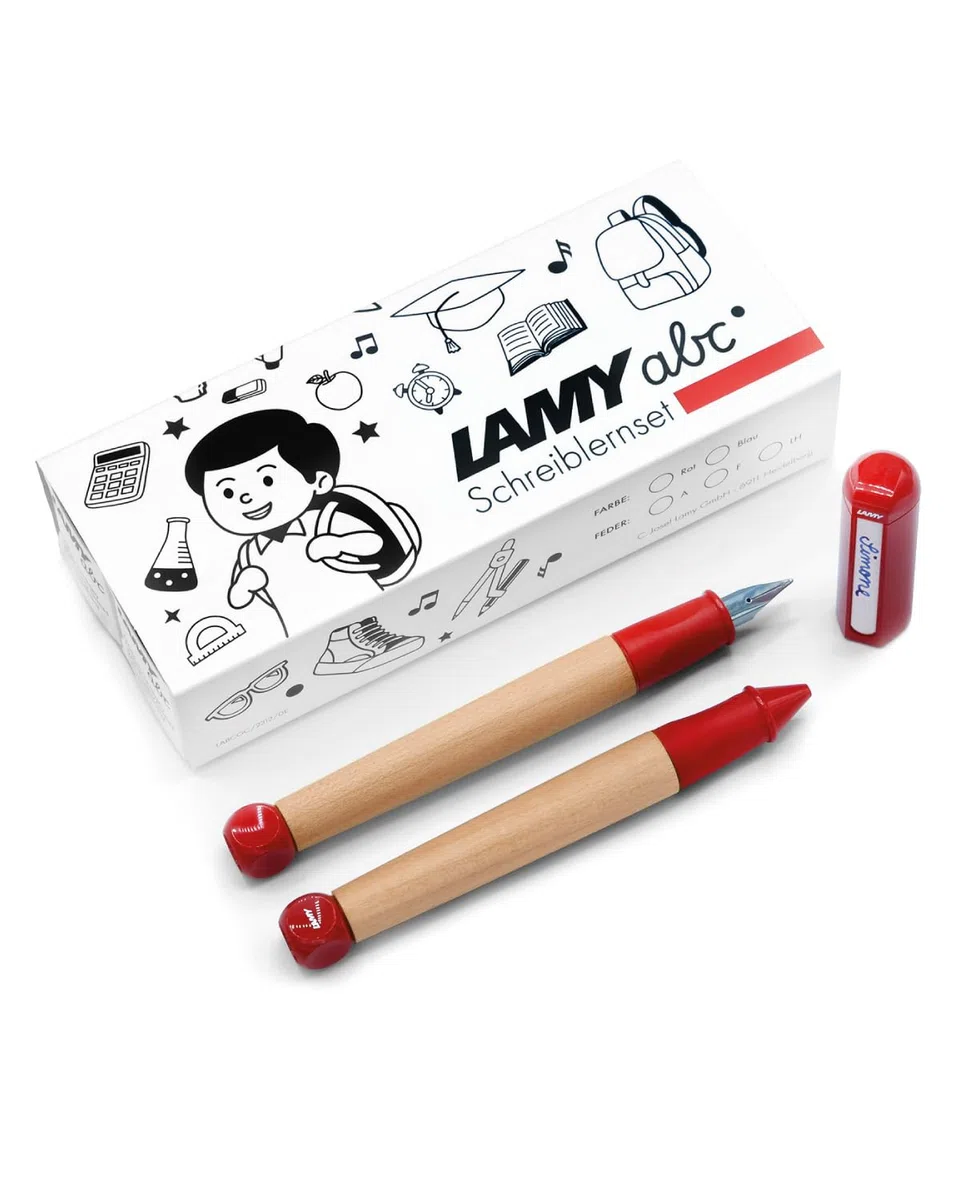 Lamy abc - Set per imparare a scrivere, in confezione regalo, 1 penna stilografica per bambini con penna per principianti e 1 matita, impugnatura antiscivolo, cappuccio e cubo in plastica
