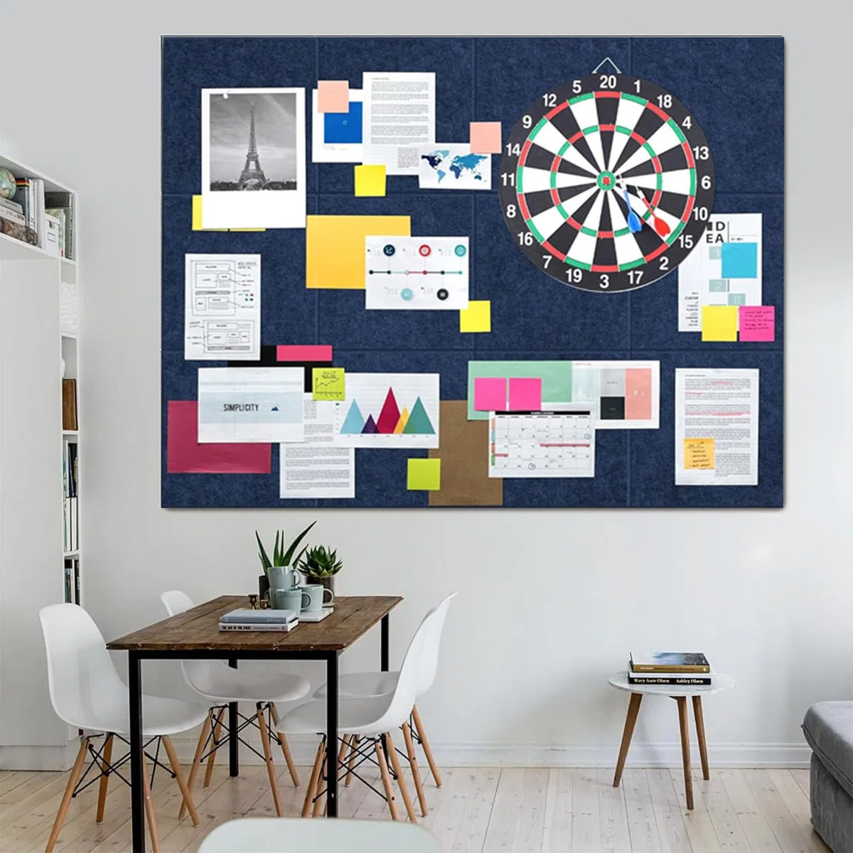 Bacheca grande 120 x 90 cm, in feltro, autoadesiva, con 90 puntine, 12 pezzi, 9 mm di spessore, lavagna visiva per foto, appunti per casa, cucina, ufficio, scuola, blu scuro