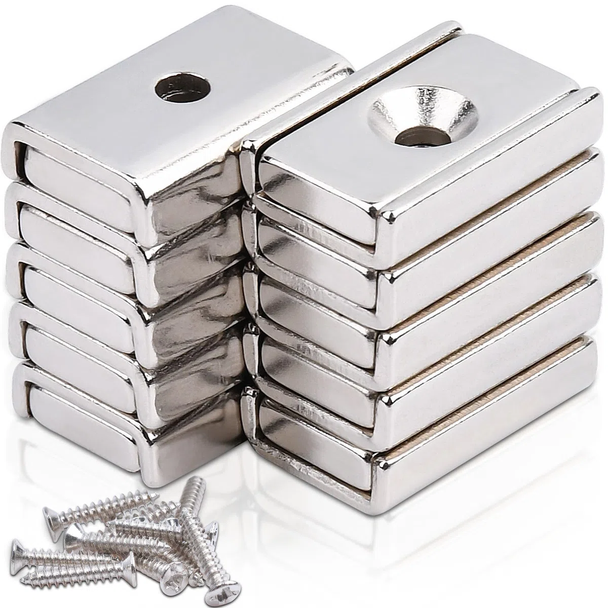 10 pezzi Magneti Rettangolari 10 kg forza 20 x 13,5 x 5 mm con Foro Svasato e Capsula con viti, Magnete con Base Calamite Potenti per Frigorifero Industrial science and laboratory