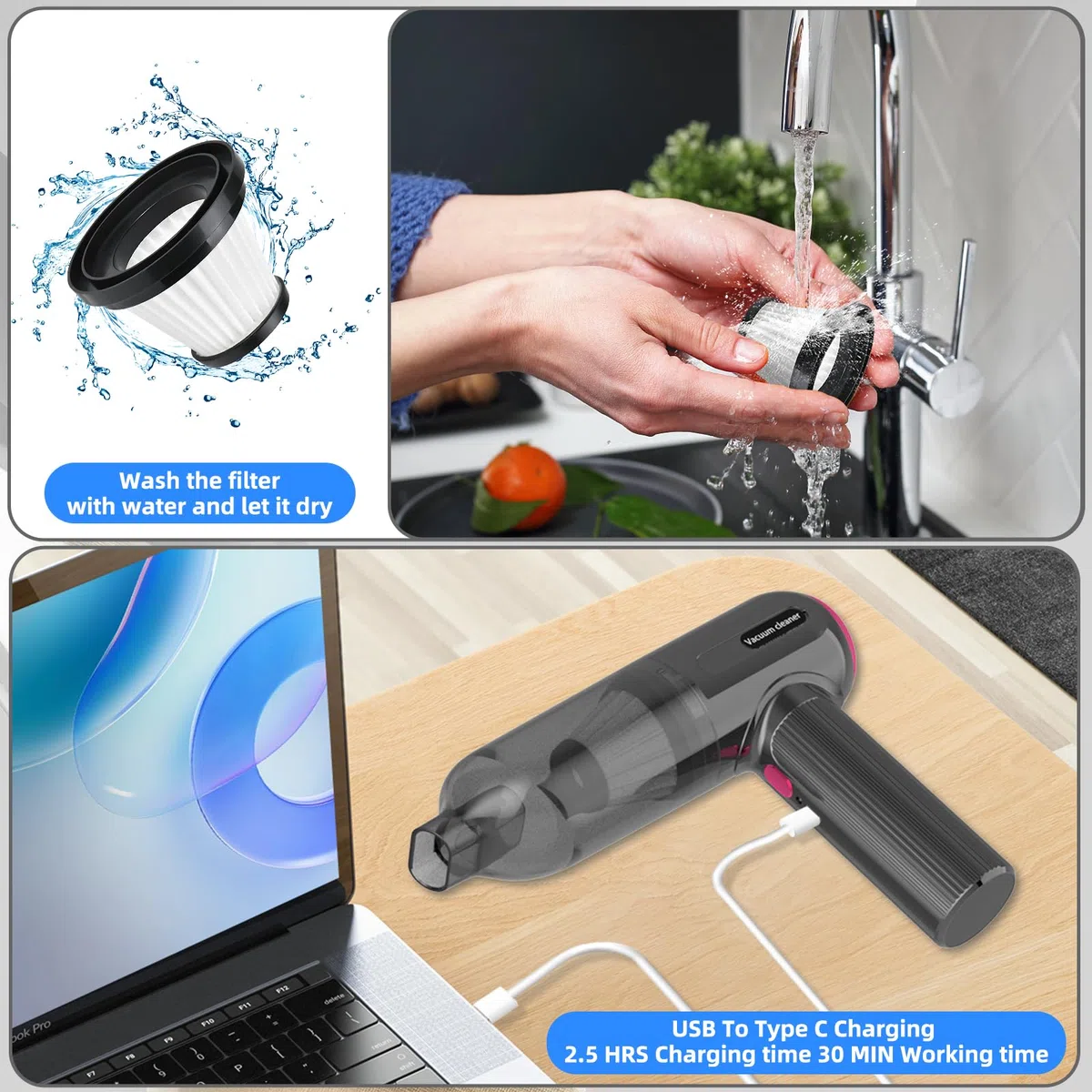 Dealswin 4 in 1 Mini Aspirapolvere per Computer 9 KPA Aspirabriciole Auto Senza Fili, 80000 Giri/Min 3-Gear Soffiatore Portatile Elettrico Rimuovi Polvere Aria Compressa per PC, Divano, Casa, Ufficio