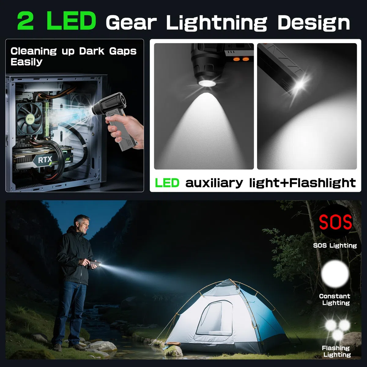 Aria Compressore Elettrico Rimuovi Polvere,4 Velocità 180000RPM Soffiatore a Batteria con 2 Luce LED&4 Ugelli,Mini Compressore Aria per Auto,Laptop,Tastiera Sostituisce Aria Compressa Spray
