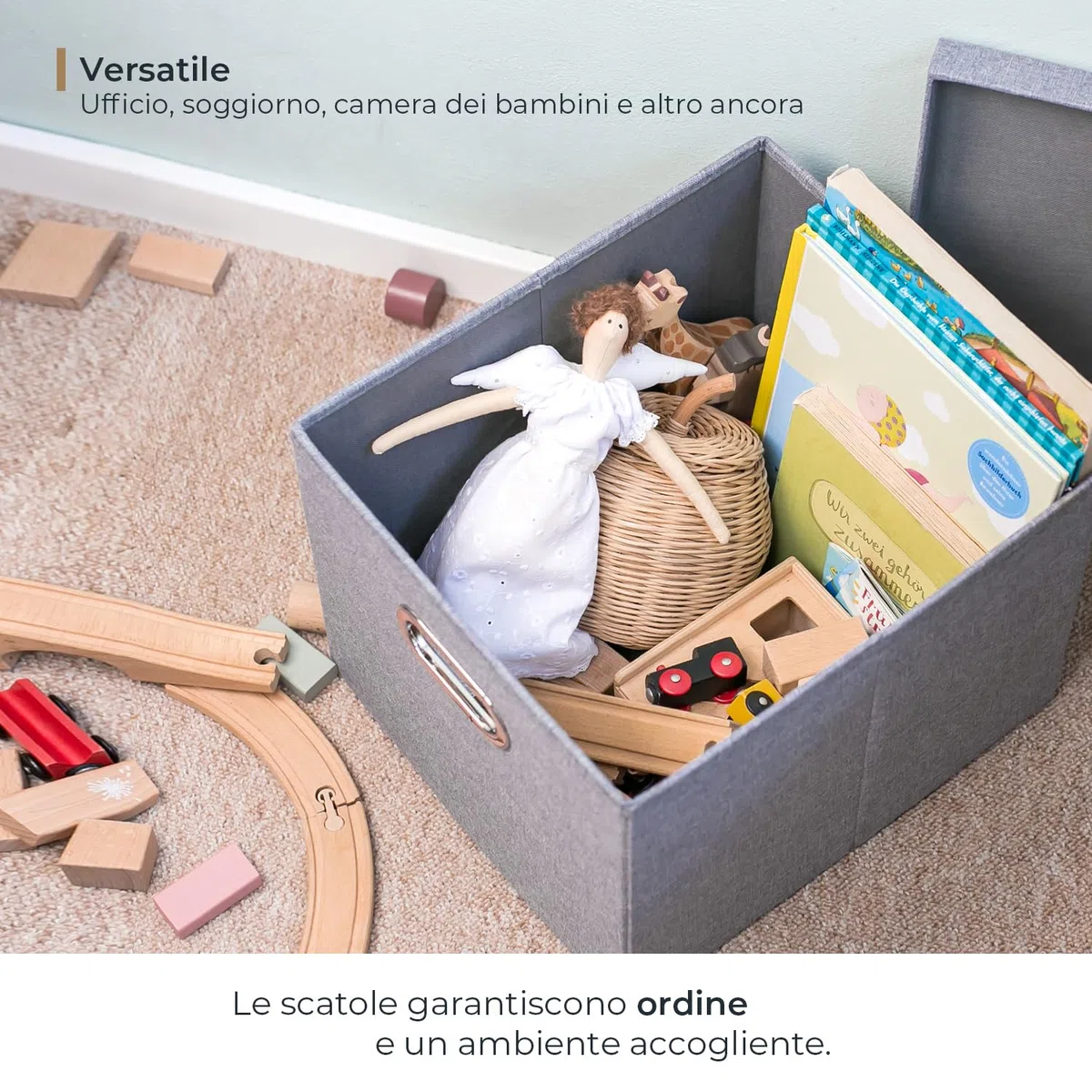 HMF scatola porta oggetti con coperchio per cartelle sospese DIN A4 | adatta per Kallax | 33 x 37,5 x 28 cm | grigia