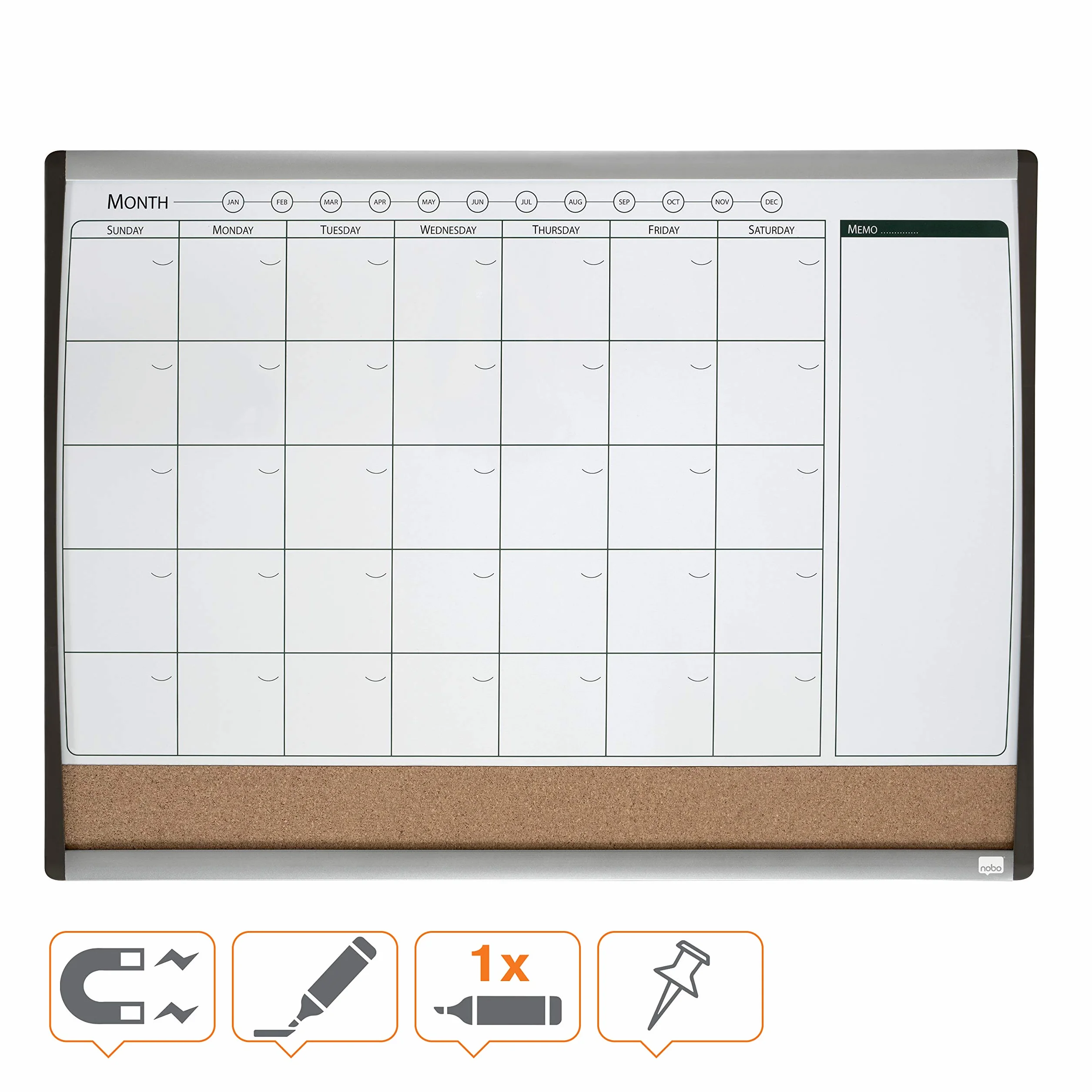 Nobo Piccola Agenda Settimanale e Mensile / Lavagna Magnetica con Bacheca in Sughero e Cornice ad Arco, Montabile a Parete, per Casa / Ufficio, 585 mm x 430 mm
