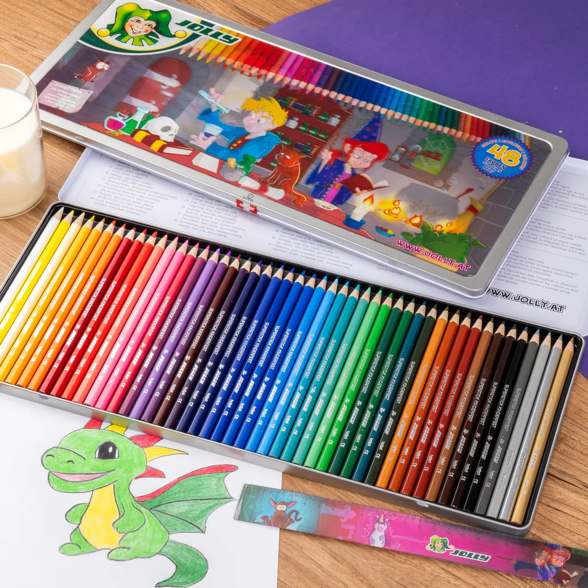 JOLLY, Boxx Magic, 48 penne colorate in legno di tiglio, infrangibili e atossici, colori ricchi e brillanti, con righello, made in Austria