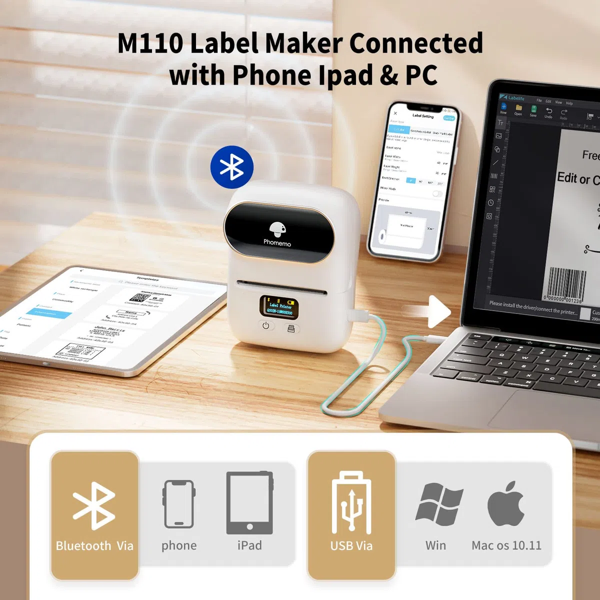 Phomemo M110 Etichettatrice Portatile, Bluetooth Etichettatrice Etichette Adesive,Stampante Etichette Adesive termica Ideale per Codici a barre, Cucina, negozi, Compatibile con Android iOS, Bianca