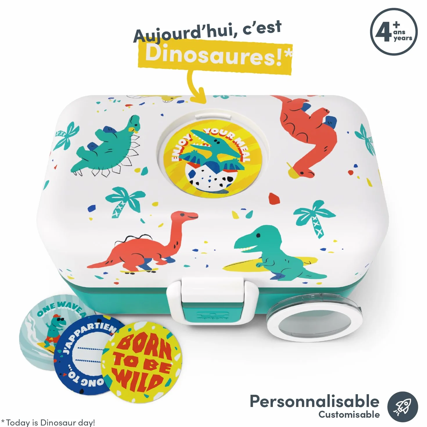 monbento - Lunch Box Bambini Tresor blu Dino - Portapranzo e Portamerenda 3 Scomparti - Ideale per Scuola/Picnic - Porta Pranzo senza BPA - Personalizzabile - Motivo Dinosauri