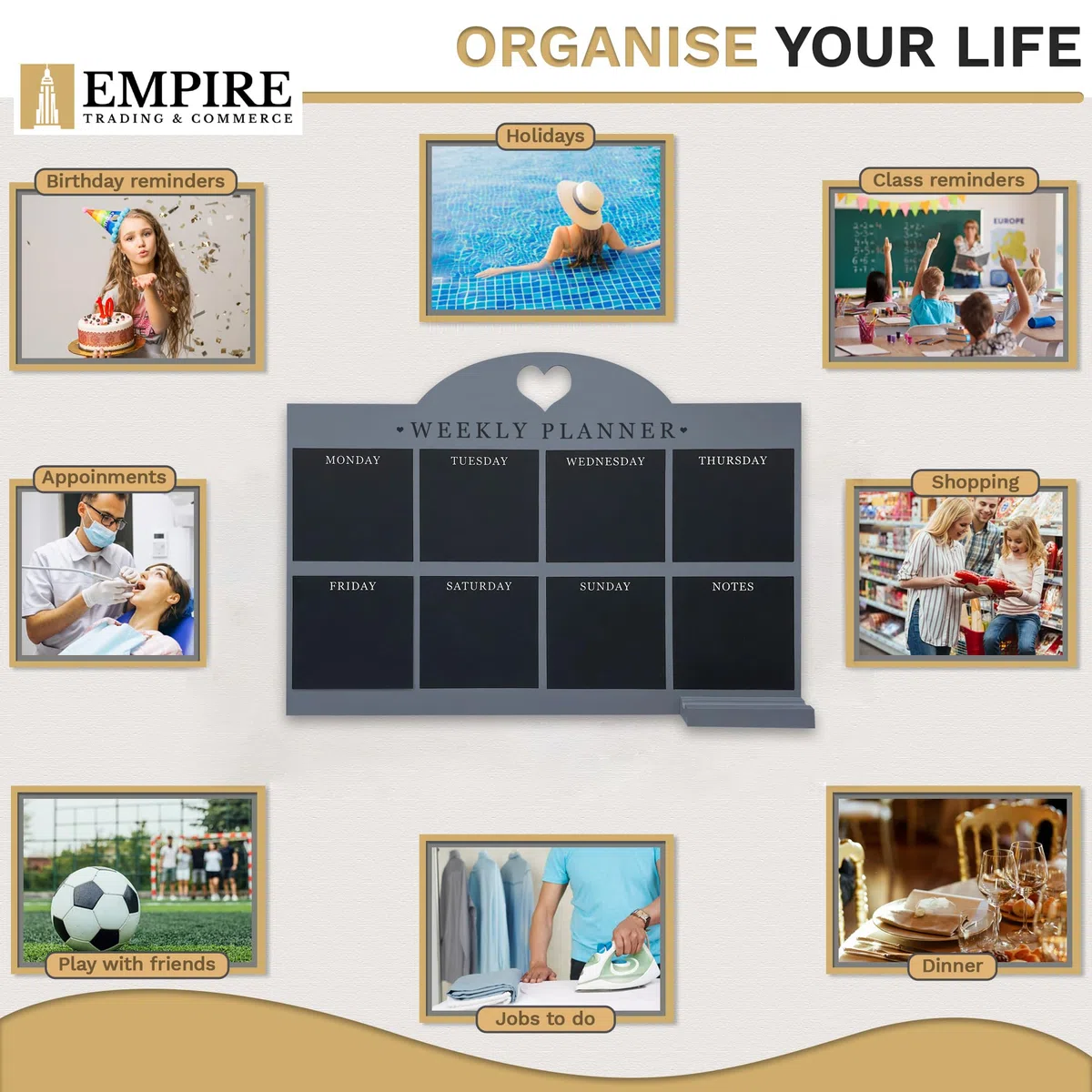Empire - Agenda settimanale e menù per cucina, planner da lavoro, da parete, con penna, lista delle cose da fare, cancellabile a secco, con panno bianco, per ufficio e casa (standard, blu)