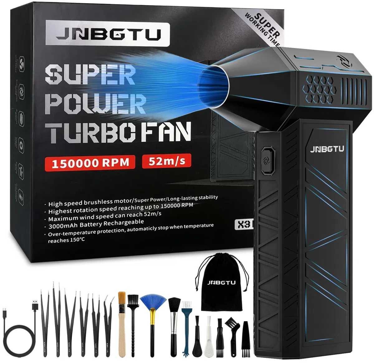 Mini ventilatore jet ad aria compressa, mini ventilatore Jet Dry, 150000 giri/min, potente mini ventilatore senza fili per computer con turbina soffiante