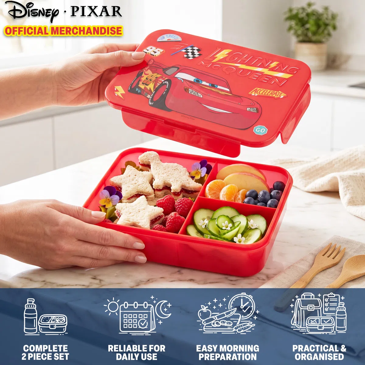Get Trend Disney Cars Saetta McQueen Porta Pranzo Bambini, Set 2 Pezzi con Senza BPA Bento Box 3 Scomparti e Borraccia Coperchio Apribile con Cannuccia 640 ml, Idea Regalo (Multi Lightning McQueen)