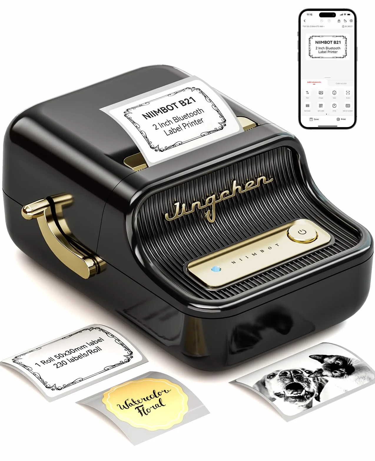 NIIMBOT Etichettatrice con 1 rotolo di nastro libero B21S Vintage 50mm larghezza stampante termica (nero)