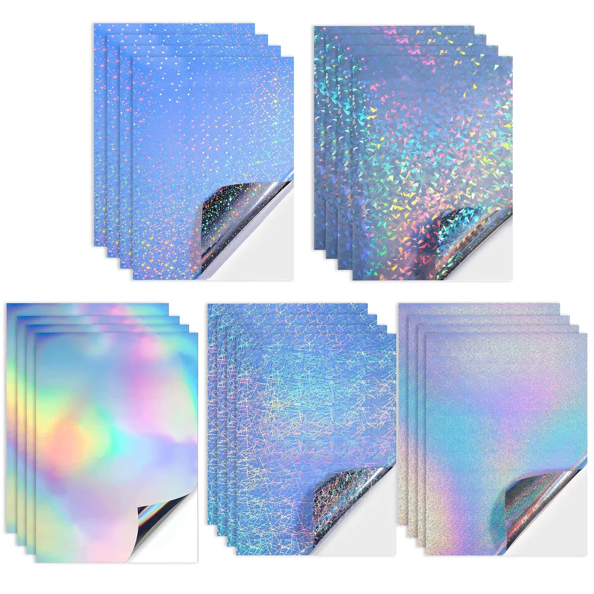 20 Carta Adesiva in Vinile Stampabile, 5 stili A4 Carta Adesiva Olografica Autoadesiva Pellicola Olografica Holographic Sheet Compatibile con Stampante a Getto d'Inchiostro/Laser per Fai Da Te