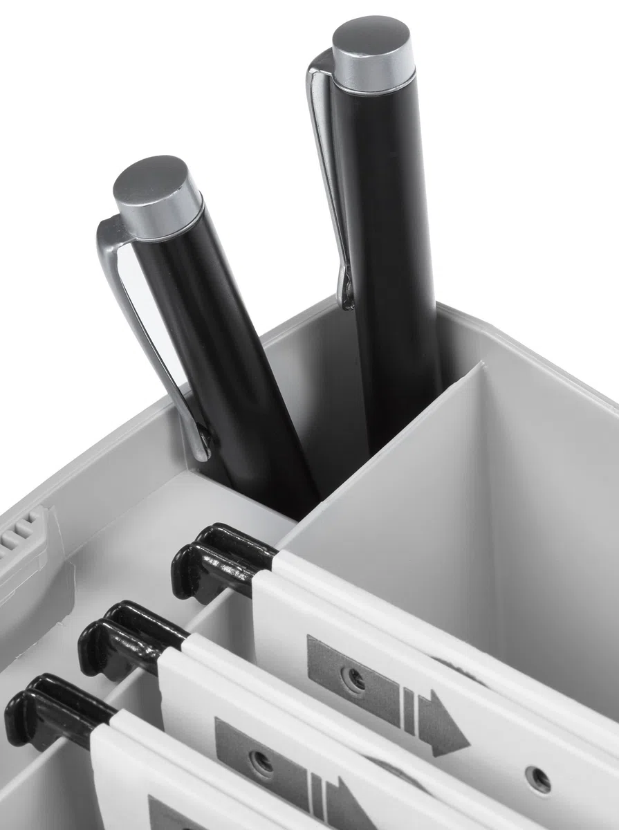 HAN SWING PLUS – Box per cartelle sospese – Pratico box per cartelle e raccoglitori, con integrato organizer per penne e pennarelli con coperchio, grigio chiaro, 1901-11