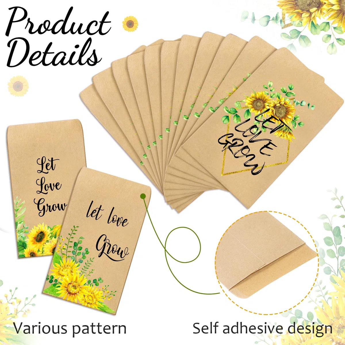 150 pacchetti di semi di verde Let Love Grow, buste autoadesive per matrimoni, Natale, San Valentino, bomboniere per gli ospiti, 3 stili (girasole)