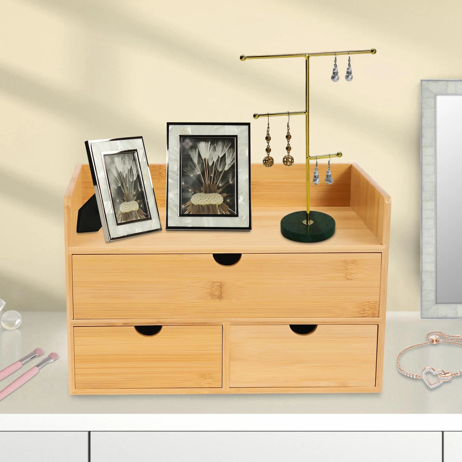 Organizzatore da tavolo con cassetti - In bambù - Mini comò - Scatola per il trucco con 3 cassetti - Per ufficio, soggiorno e camera da letto - Design monoblocco