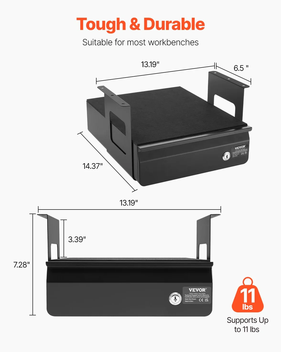 VEVOR Cassetto Estraibile Sotto Scrivania 365 x 335 x 185 mm Organizzatore Nascosto per Riporre Oggetti sulla Scrivania, Cassetto Portapenne Bloccabile Sotto Tavolo, per Postazioni di Lavoro, Nero