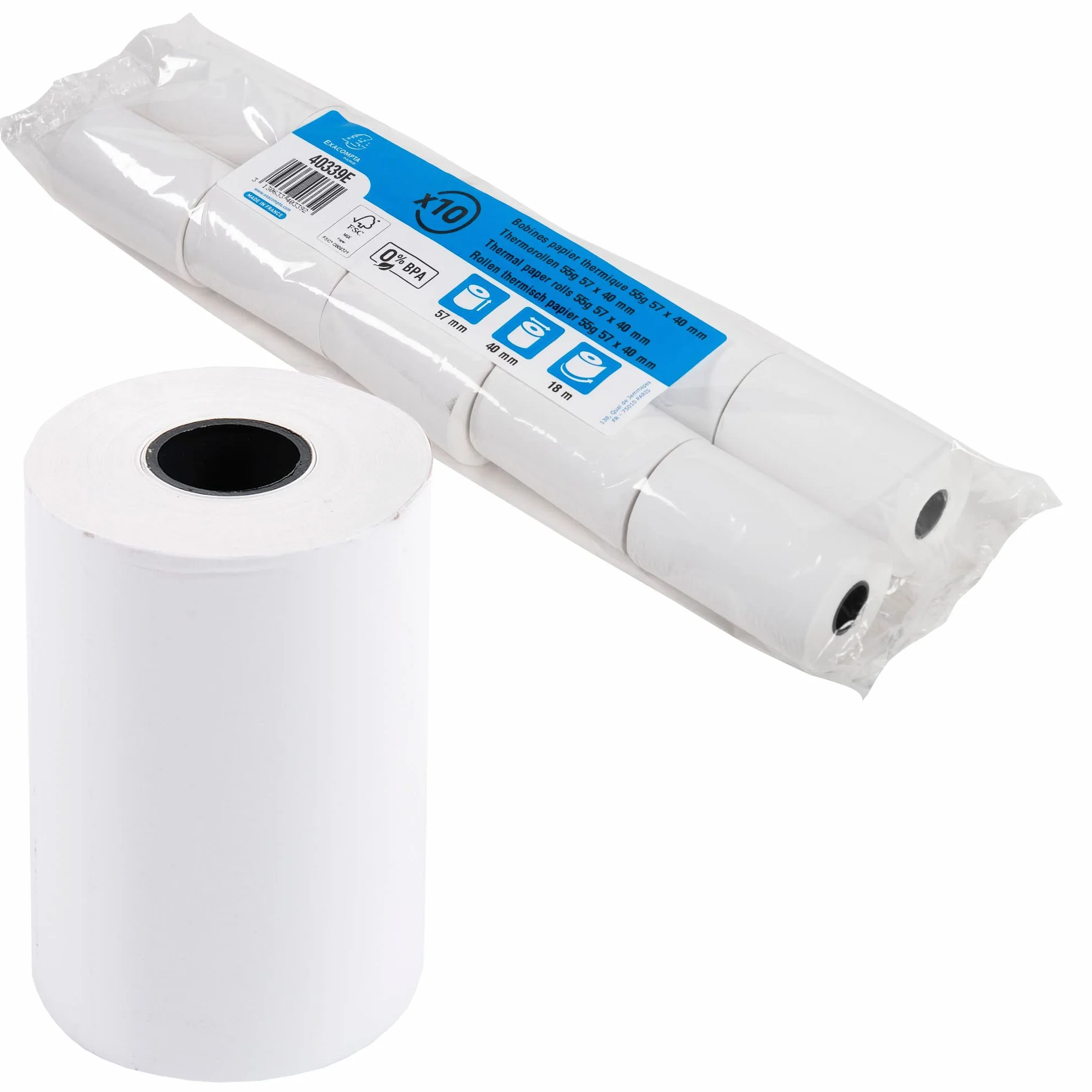 Exacompta 40339E - Scatola da 50 bobine per biglietti di carte di credito 57x40 mm, 1 piega termica 55g / m2 senza BPA, Lunghezza (+ o - 2 m): 18 m