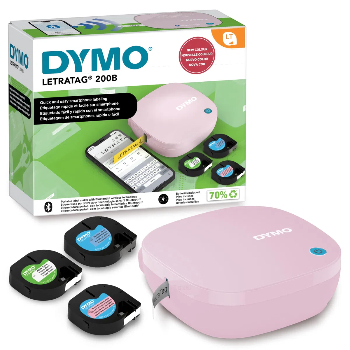 DYMO LetraTag 200B kit per etichettatrice rosa con Bluetooth | etichettatore compatta si connette a iOS e Android tramite tecnologia wireless Bluetooth | Include 3 rotoli di etichette assortite