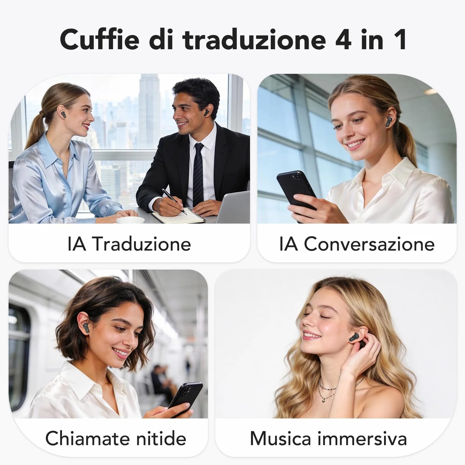 N02 Cuffie Traduzione Simultanea, 4-1 AI Auricolari Traduttore Suono Hi-Fi, 165 Lingue e 9 Modalità, Autonomia 48 Ore, Auricolari Touchscreen, Bluetooth 6.0 Ideali per Viaggi, Affari e Studio