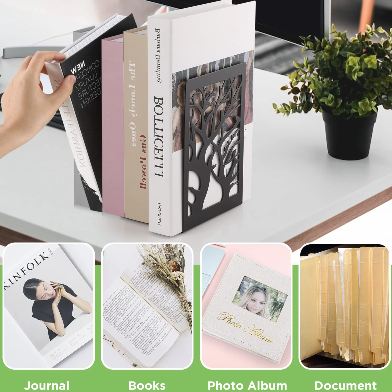 6 Pezzi Fermalibri per Mensole, Reggilibri in Metallo Nero Reggi Libri per Libreria di Design a Forma di Albero per Casa, Ufficio, Biblioteca, Scuola, Studenti Regalo - Nero
