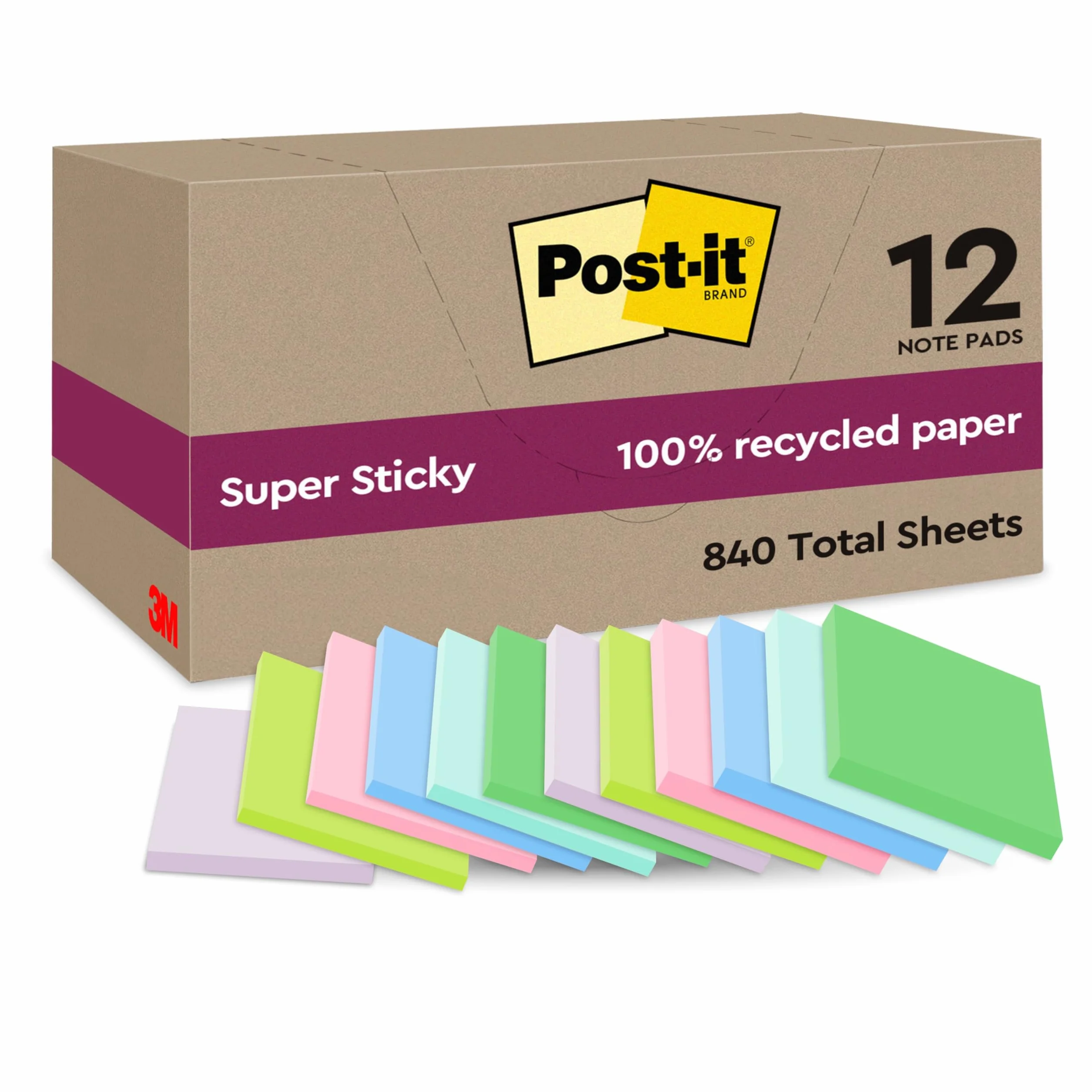 Post-it Foglietti Super Sticky Riciclati, Confezione da 12 Blocchetti, 70 Fogli per Blocchetto, 47.6 mm x 47.6 mm, Rosa, Verde, Blu, Viola, Giallo - Foglietti Super Adesivi in carta riciclata al 100%