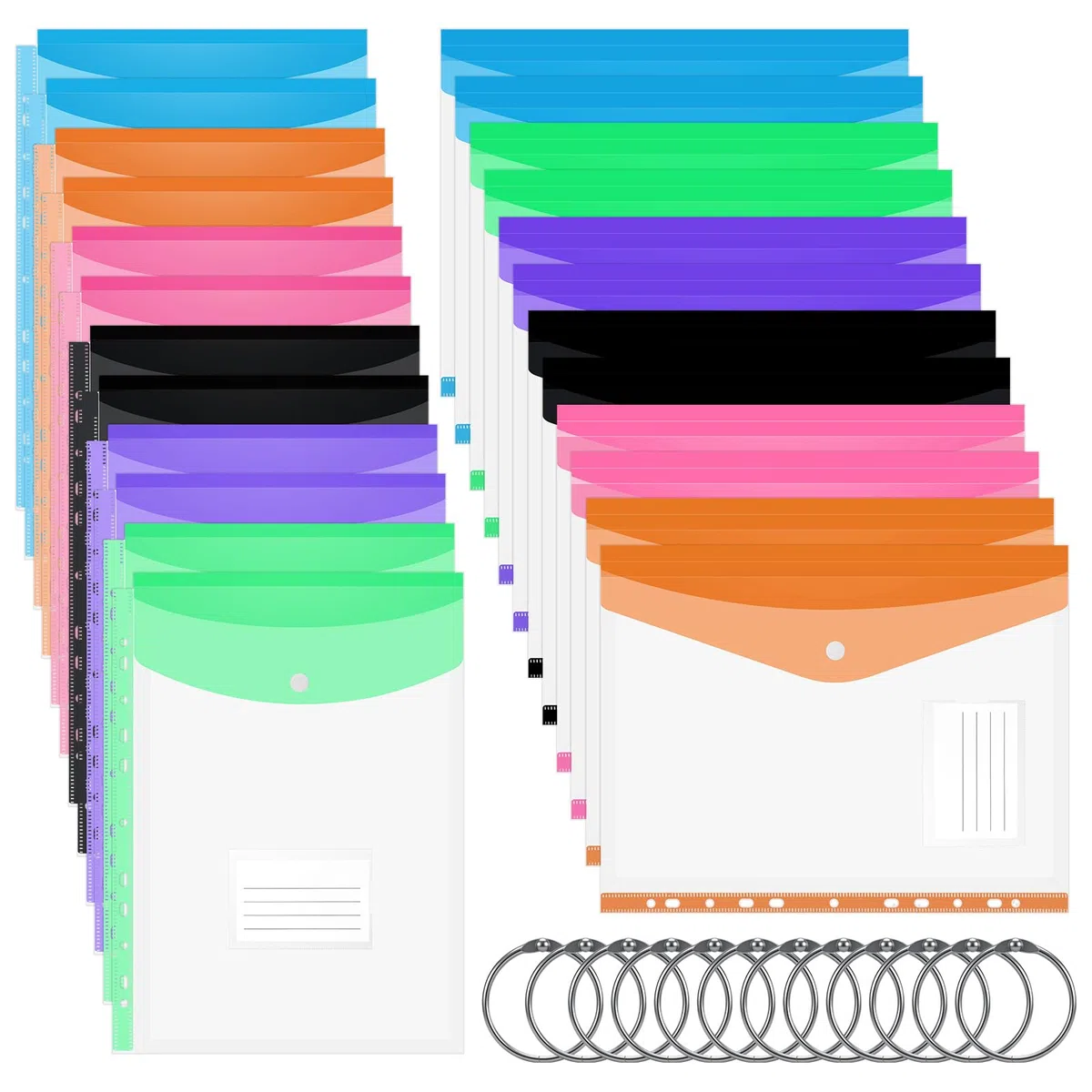 24pcs Cartelline Portadocumenti A4, Buste in Plastica A4 Perforate, Espandibili Cartella, Trasparente Porta Documenti con Bottoni a Pressione ed Etichetta, per Scuole, Case e Ufficio, 6 Colori