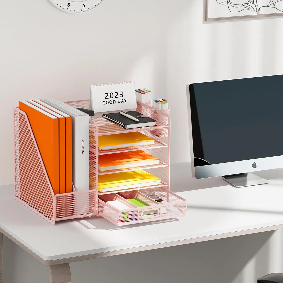 Organizzatore da Scrivania con Portadocumenti, Vassoio per Carta a 5 Ripiani con Cassetto e 2 Portapenne, Organizzatore da Scrivania in Rete con Porta Riviste per Articoli per Ufficio e Casa