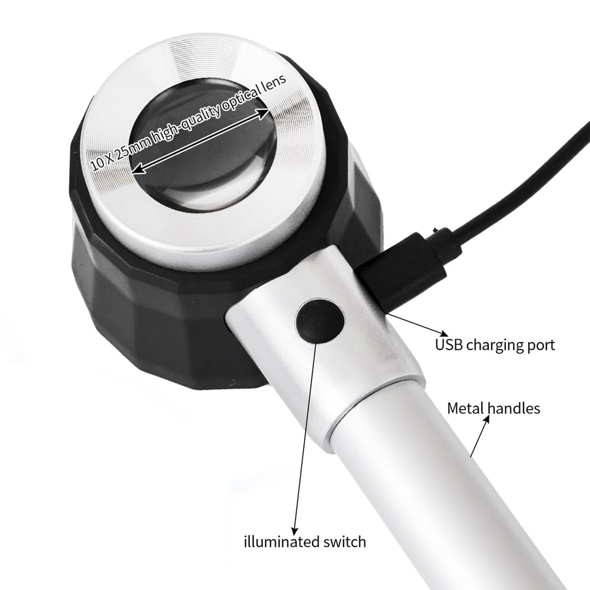 Lente d'Ingrandimento 30x con Luce,Ricaricabile, Manico Rimovibile & Righello 2cm, Lente Vetro Ottico 25mm per Gioielli, Dermatoscopio, Monete, Ispezione Pelle