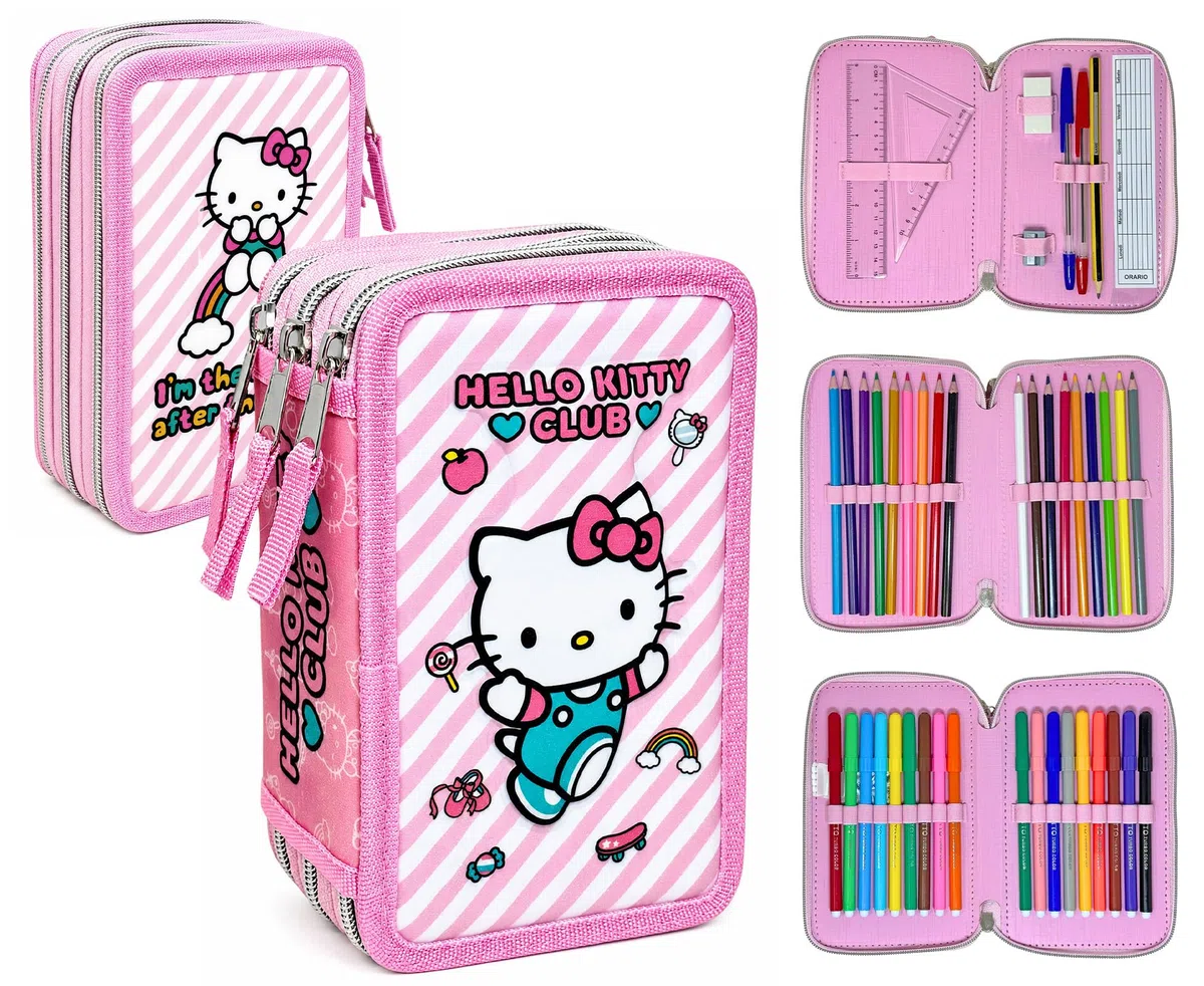 Clondo Astuccio 3 Scomparti Scuola Bambina Per Hello Kitty Fan Completo 44 Pezzi – Effetto 3D con Personaggi – 20x12x7 cm – Kit Cancelleria Triplo Corredo Elementare e Primaria 6+ Anni