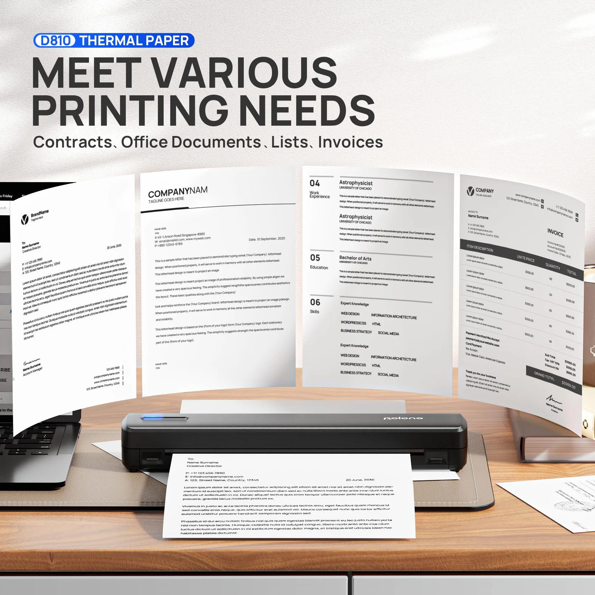 POLONO D810 Carta termica per stampante 8,5 x 11 pollici, stampa termica avanzata, carta termica formato lettera compatibile con D810, formato 8,5“ x 11”, 1 confezione, 100 fogli