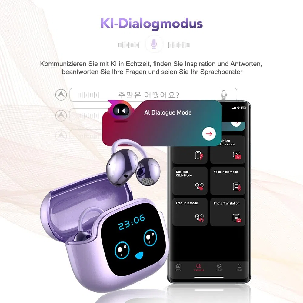 AI - Traduttore per cuffie NE32, in tempo reale, 136 lingue con app, cuffie Bluetooth senza fili, 3 in 1,40H, per iOS e Android, apprendimento, da viaggio viola