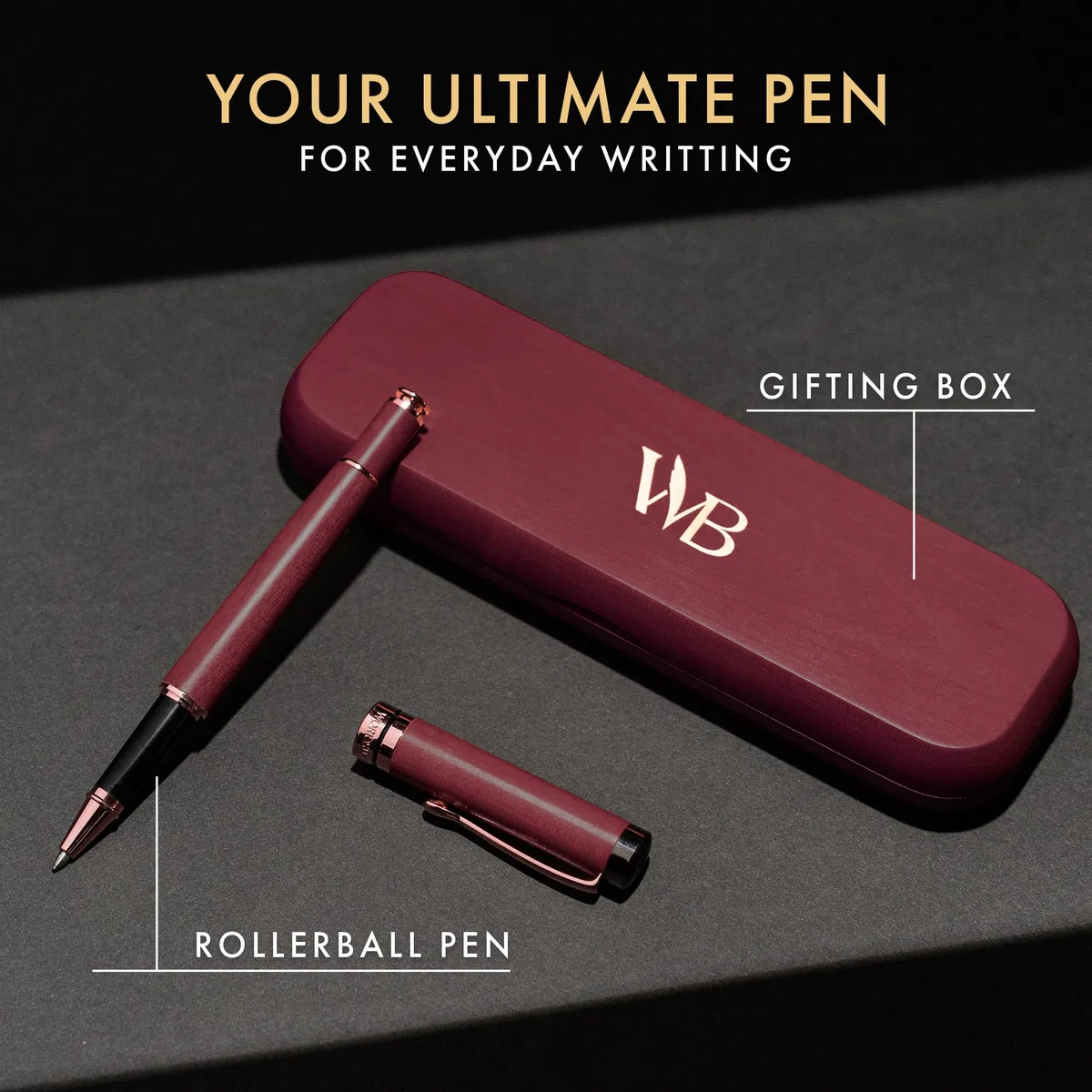 Wordsworth and Black Rollerball Pen - Penna di lusso mozzafiato in bambù legno viola, finitura oro, ricaricabile, miglior set regalo per uomini & donne, ricarica d'inchiostro