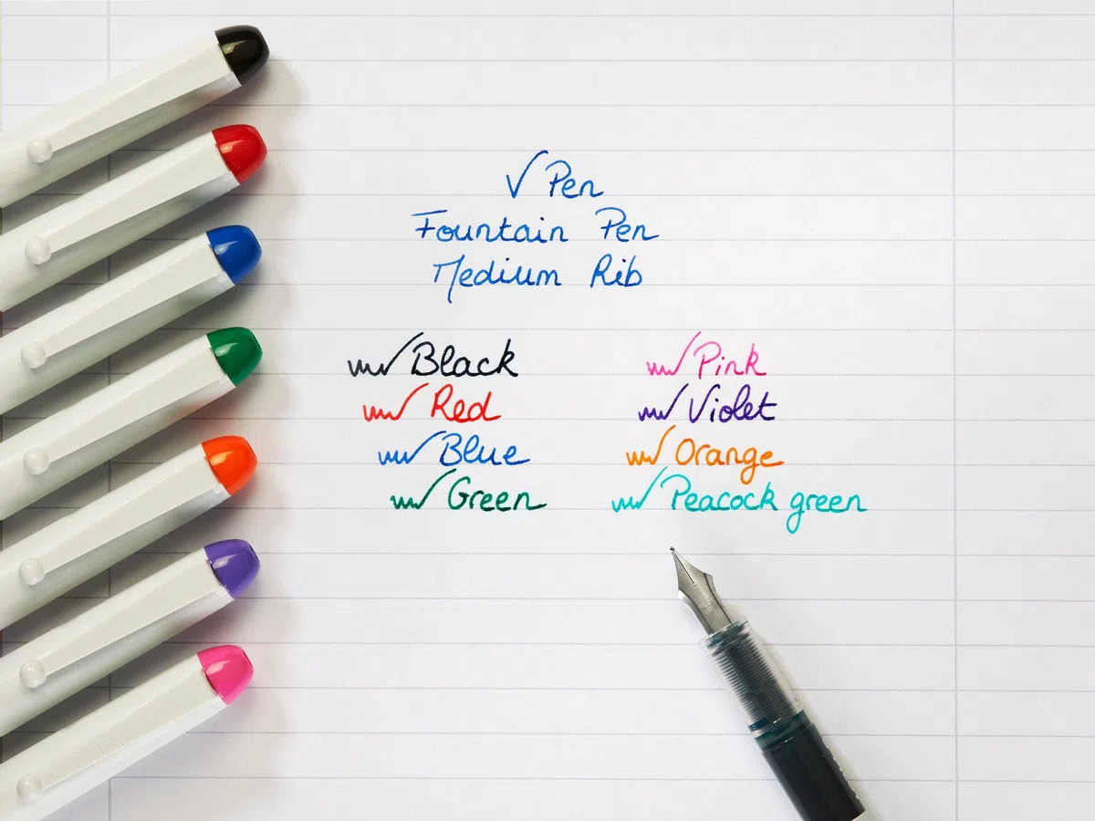 PILOT V PEN – Penna stilografica usa e getta cancellabile – Punta da 0,6 mm – Linea media – Confezione regalo in busta – Confezione da 5 – Nero, Blu, Rosso, Verde e Viola
