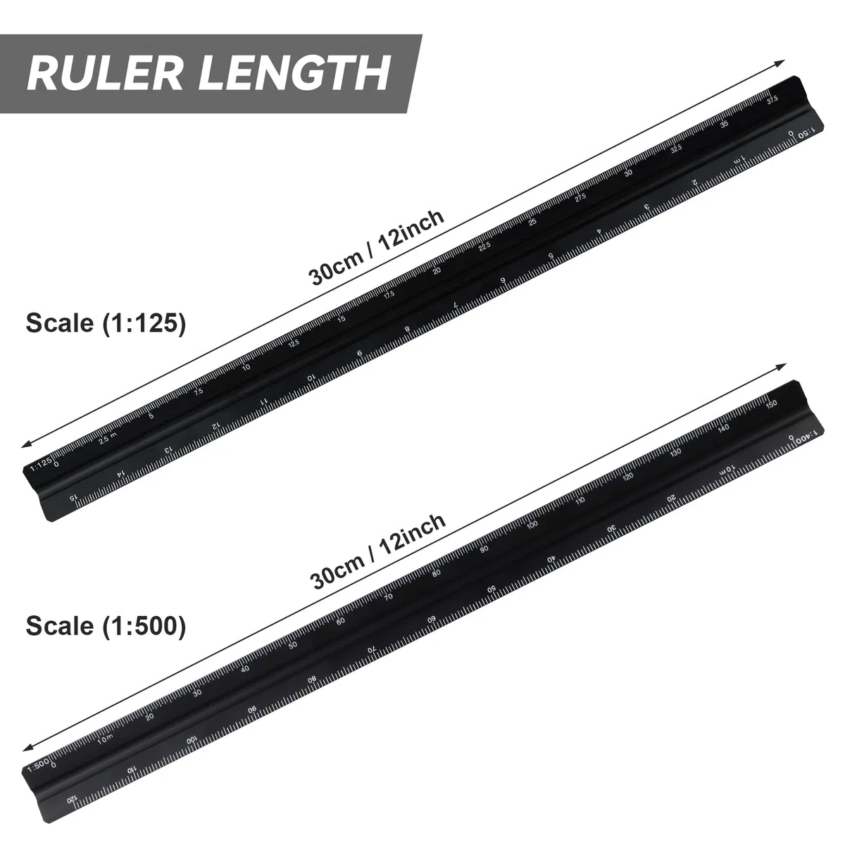 HXMJIED 2 righelli per scala architettonica, in alluminio nero, 30 cm, righello in metallo per architetti metrici 1:20, 1:25, 1:50, 1:75, 1:100, 1:125 e 1:100, 1:200, 1:250, 1:300, 1:400, 1:5000, 1